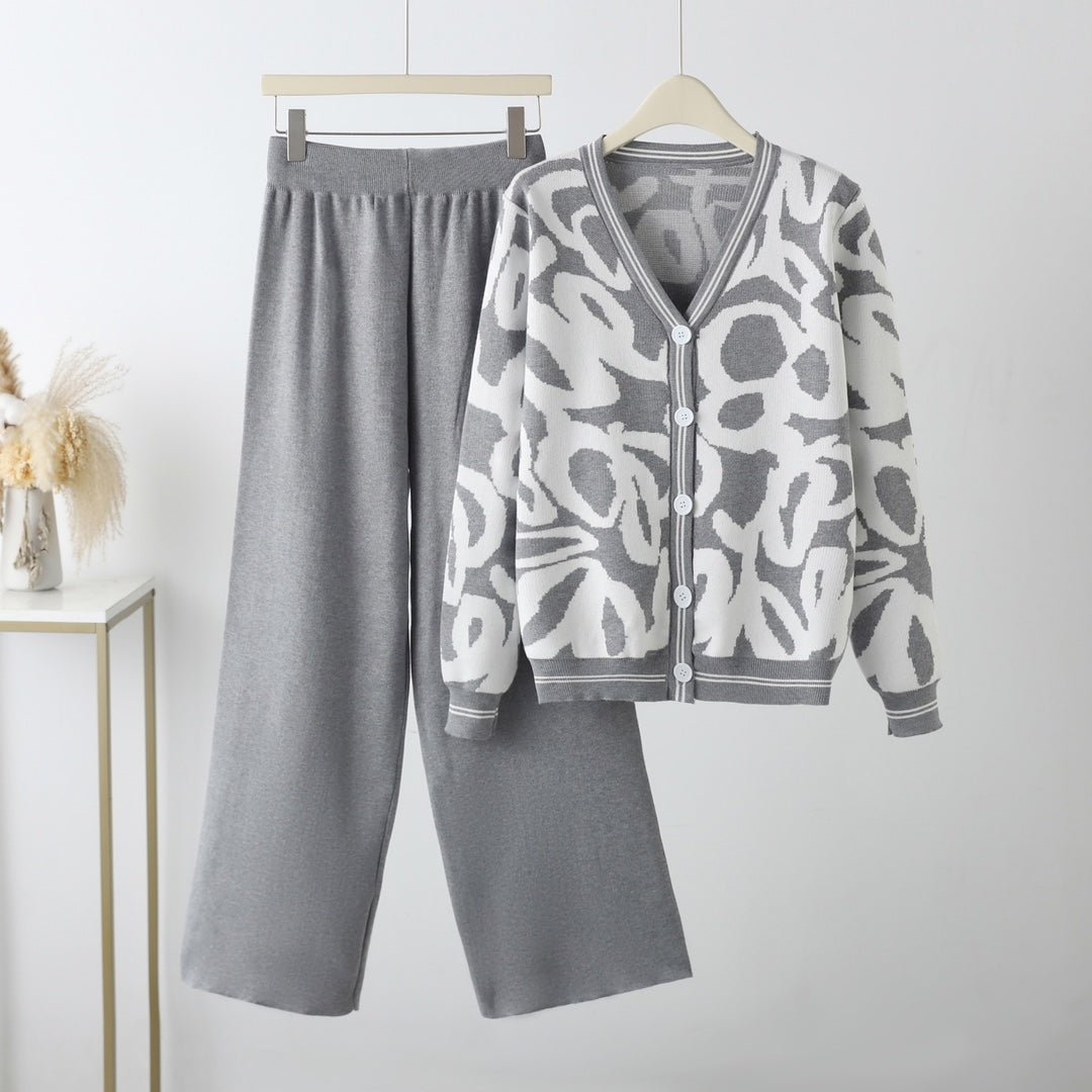 New leopard print cardigan knitted jacket sweater high waist pants two - piece set - Negative Apparel