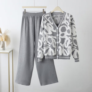 New leopard print cardigan knitted jacket sweater high waist pants two - piece set - Negative Apparel