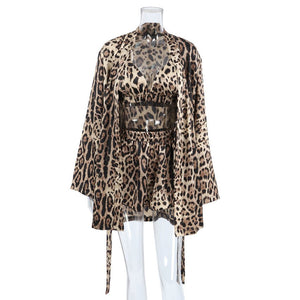 New leopard print loose long - sleeved underwear shorts three - piece set - Negative Apparel