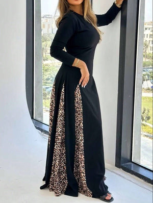 New leopard print splicing high - waisted long - sleeved dress round neck slim - fitting long dress - Negative Apparel