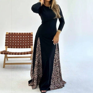 New leopard print splicing high - waisted long - sleeved dress round neck slim - fitting long dress - Negative Apparel