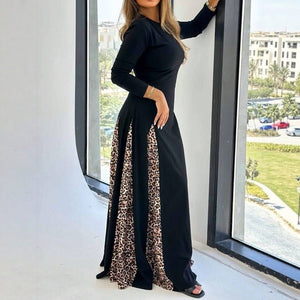 New leopard print splicing high - waisted long - sleeved dress round neck slim - fitting long dress - Negative Apparel