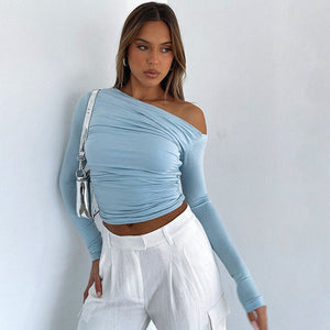 New long - sleeved oblique collar off - shoulder tops - Negative Apparel