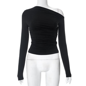 New long - sleeved oblique collar off - shoulder tops - Negative Apparel