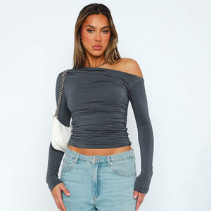 New long - sleeved oblique collar off - shoulder tops - Negative Apparel