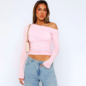 New long - sleeved oblique collar off - shoulder tops - Negative Apparel