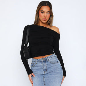 New long - sleeved oblique collar off - shoulder tops - Negative Apparel