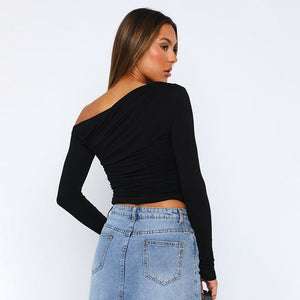 New long - sleeved oblique collar off - shoulder tops - Negative Apparel