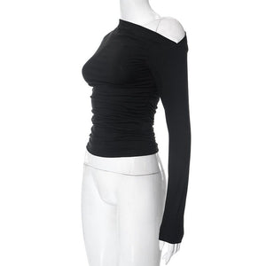 New long - sleeved oblique collar off - shoulder tops - Negative Apparel