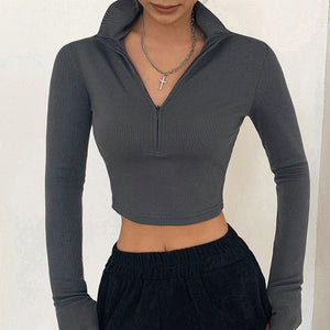 New long - sleeved zipper half - open collar exposed navel all - match slim T-shirt - Negative Apparel