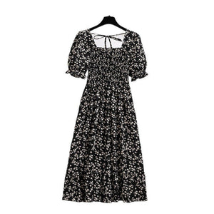 New medium and long skirt French design sense niche high sense floral short - sleeved dress summer women - Negative Apparel