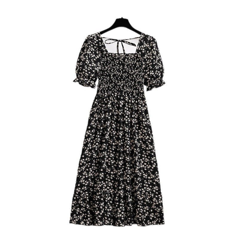New medium and long skirt French design sense niche high sense floral short - sleeved dress summer women - Negative Apparel