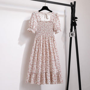 New medium and long skirt French design sense niche high sense floral short - sleeved dress summer women - Negative Apparel