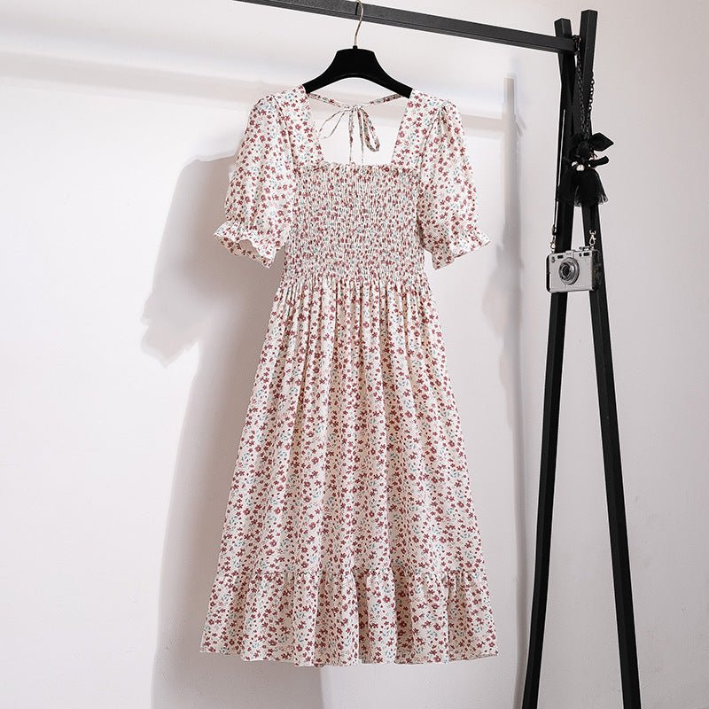 New medium and long skirt French design sense niche high sense floral short - sleeved dress summer women - Negative Apparel
