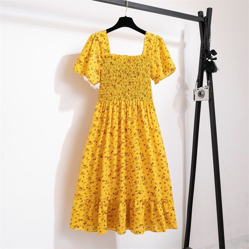 New medium and long skirt French design sense niche high sense floral short - sleeved dress summer women - Negative Apparel
