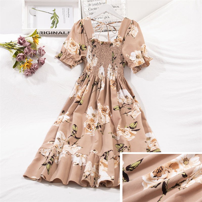 New medium and long skirt French design sense niche high sense floral short - sleeved dress summer women - Negative Apparel