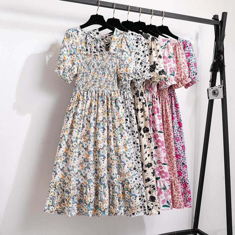 New medium and long skirt French design sense niche high sense floral short - sleeved dress summer women - Negative Apparel