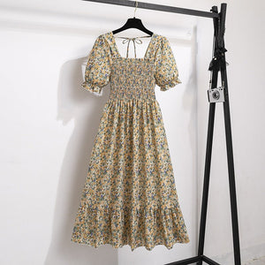 New medium and long skirt French design sense niche high sense floral short - sleeved dress summer women - Negative Apparel