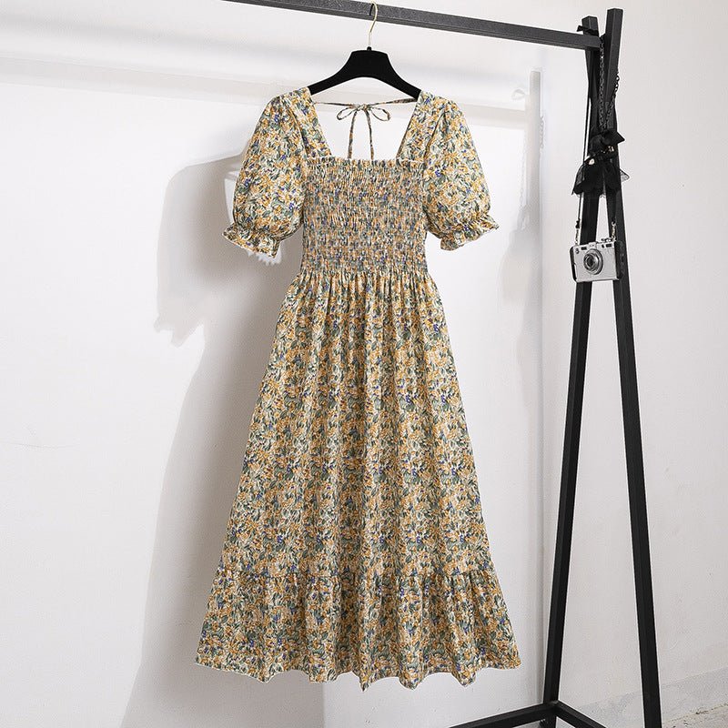 New medium and long skirt French design sense niche high sense floral short - sleeved dress summer women - Negative Apparel