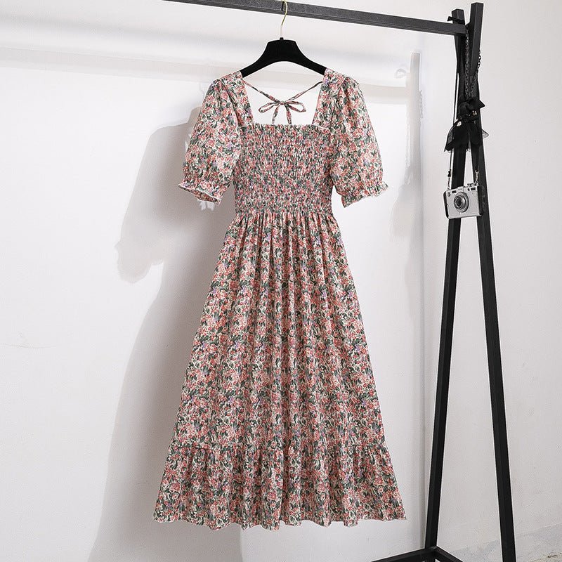 New medium and long skirt French design sense niche high sense floral short - sleeved dress summer women - Negative Apparel