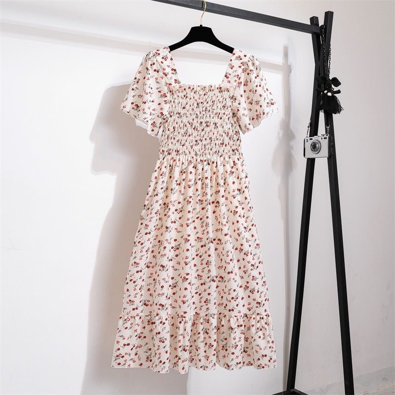 New medium and long skirt French design sense niche high sense floral short - sleeved dress summer women - Negative Apparel