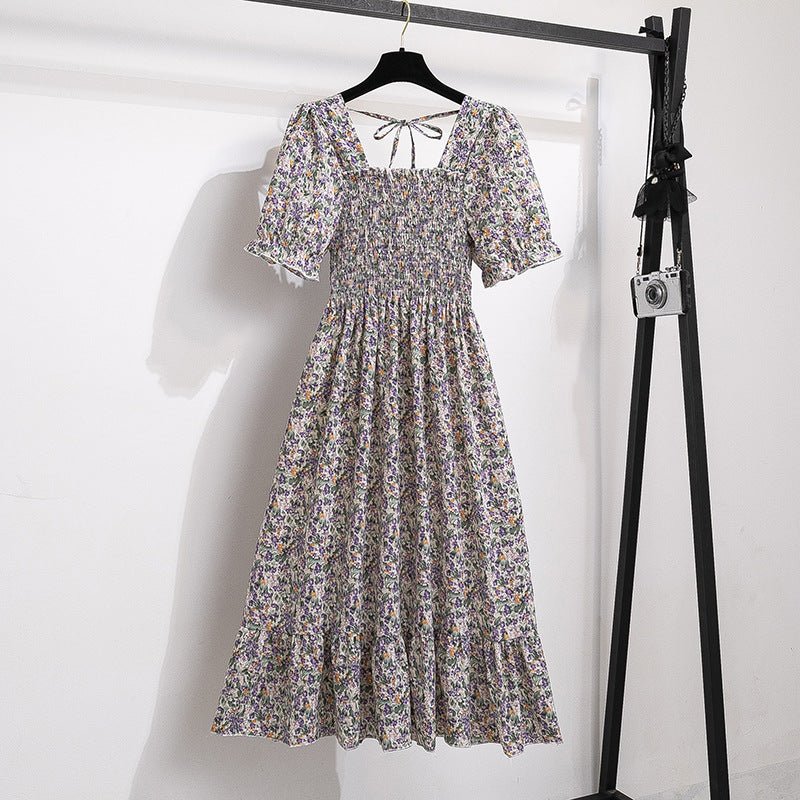 New medium and long skirt French design sense niche high sense floral short - sleeved dress summer women - Negative Apparel