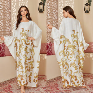 new pajamas women's spring and autumn mid - east wind satin fashion gorgeous printed blouse long nightgown DP3399 - Negative Apparel