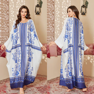 new pajamas women's spring and autumn mid - east wind satin fashion gorgeous printed blouse long nightgown DP3399 - Negative Apparel