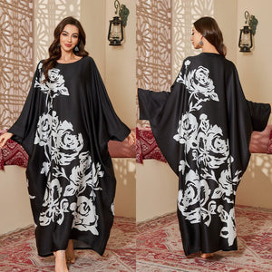new pajamas women's spring and autumn mid - east wind satin fashion gorgeous printed blouse long nightgown DP3399 - Negative Apparel
