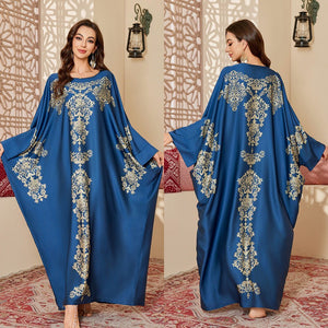 new pajamas women's spring and autumn mid - east wind satin fashion gorgeous printed blouse long nightgown DP3399 - Negative Apparel