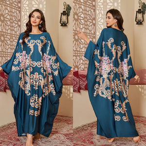 new pajamas women's spring and autumn mid - east wind satin fashion gorgeous printed blouse long nightgown DP3399 - Negative Apparel