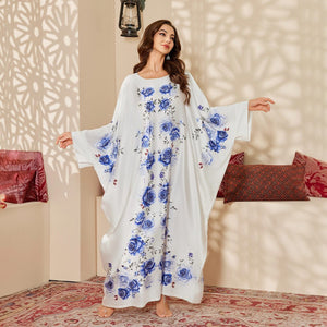 new pajamas women's spring and autumn mid - east wind satin fashion gorgeous printed blouse long nightgown DP3399 - Negative Apparel
