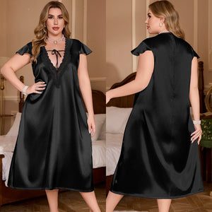 new pajamas women's spring and autumn solid color lace lace ice silk large size loose gorgeous nightdress SQ22131 - Negative Apparel