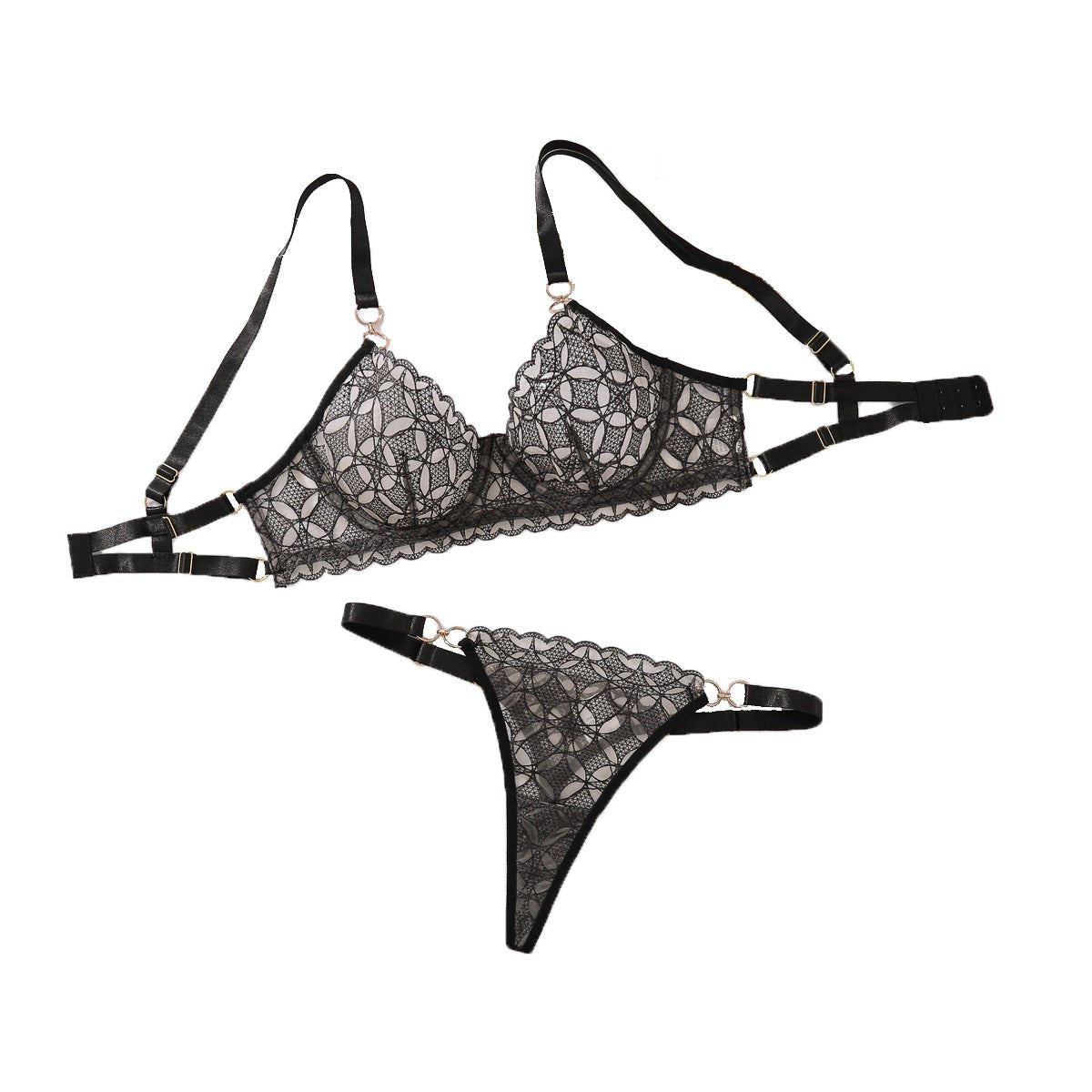 New perspective rhombus embroidery slim - fitting sexy underwear split set with steel ring - Negative Apparel