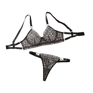 New perspective rhombus embroidery slim - fitting sexy underwear split set with steel ring - Negative Apparel