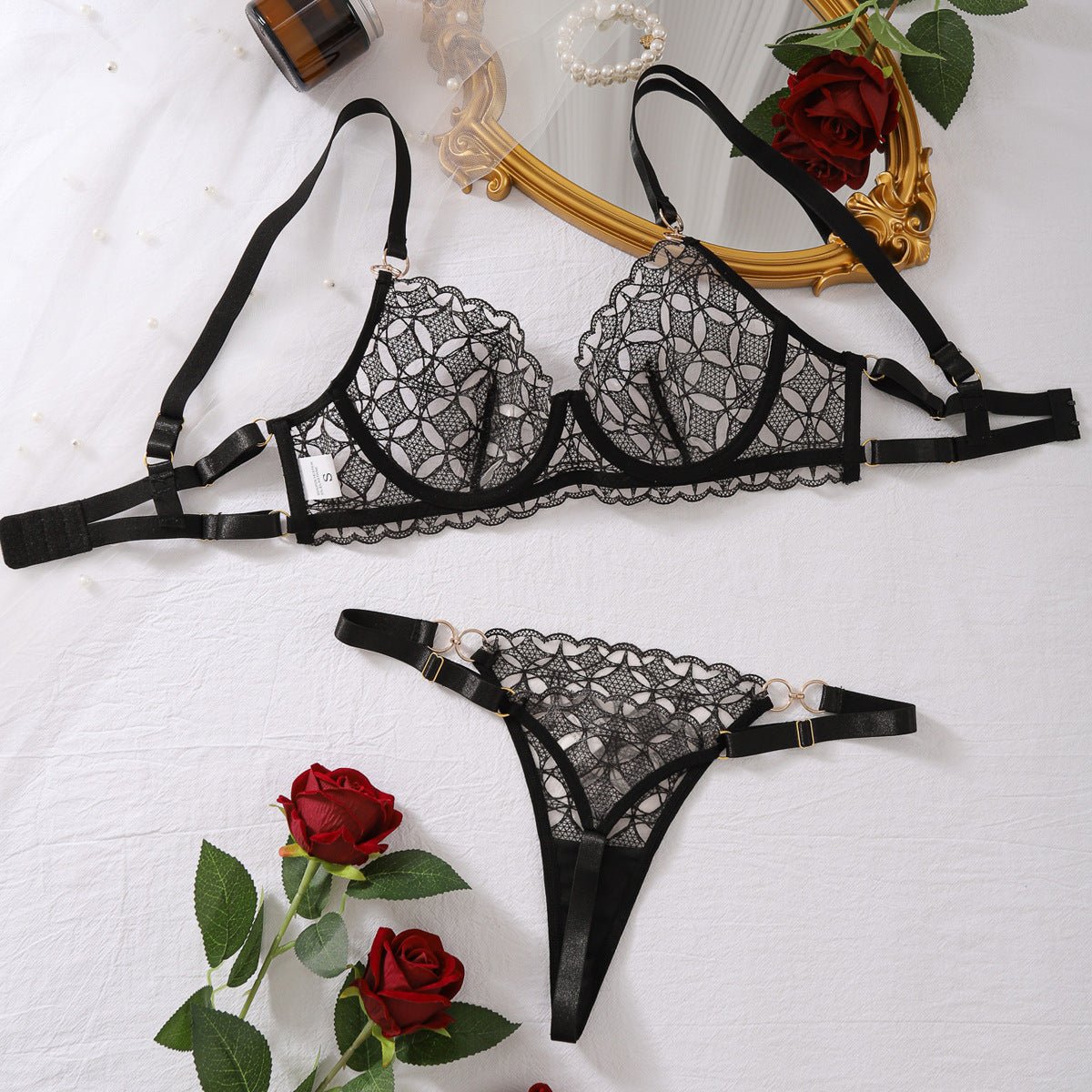 New perspective rhombus embroidery slim - fitting sexy underwear split set with steel ring - Negative Apparel