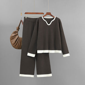 New pit strip knitted suit women's V - neck contrasting top wide - leg pants two - piece set - Negative Apparel