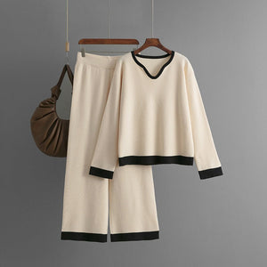 New pit strip knitted suit women's V - neck contrasting top wide - leg pants two - piece set - Negative Apparel