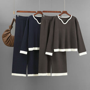 New pit strip knitted suit women's V - neck contrasting top wide - leg pants two - piece set - Negative Apparel