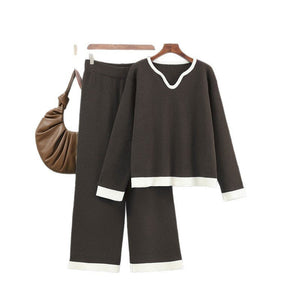 New pit strip knitted suit women's V - neck contrasting top wide - leg pants two - piece set - Negative Apparel