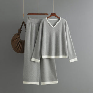 New pit strip knitted suit women's V - neck contrasting top wide - leg pants two - piece set - Negative Apparel