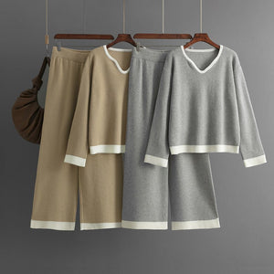 New pit strip knitted suit women's V - neck contrasting top wide - leg pants two - piece set - Negative Apparel