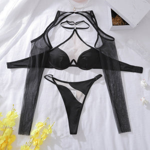 New product tulle pure desire perspective hanging neck band sleeves body sculpting sexy underwear split set - Negative Apparel