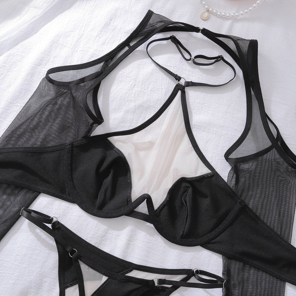 New product tulle pure desire perspective hanging neck band sleeves body sculpting sexy underwear split set - Negative Apparel