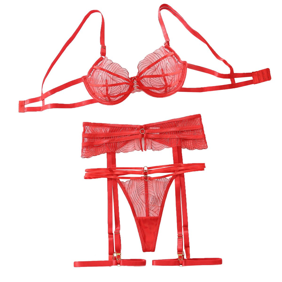 New red perspective embroidery gathering body sculpting adjustment sexy lingerie set - Negative Apparel