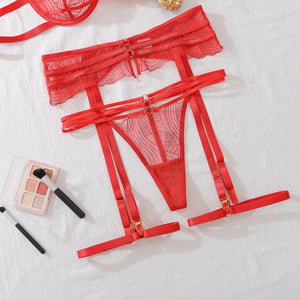 New red perspective embroidery gathering body sculpting adjustment sexy lingerie set - Negative Apparel