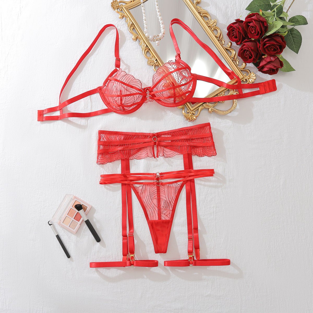 New red perspective embroidery gathering body sculpting adjustment sexy lingerie set - Negative Apparel