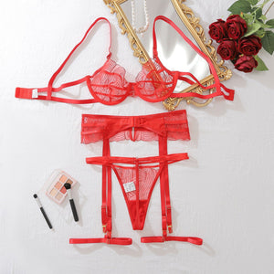 New red perspective embroidery gathering body sculpting adjustment sexy lingerie set - Negative Apparel