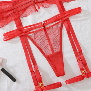 New red perspective embroidery gathering body sculpting adjustment sexy lingerie set - Negative Apparel