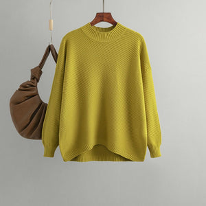 New retro loose large size long - sleeved top solid color pullover knit sweater women's half turtleneck sweater bottoming shirt - Negative Apparel